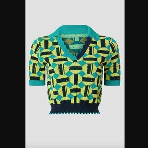 Diane von Furstenberg Green Blue Geometric Knit Polo Sweater Top Medium